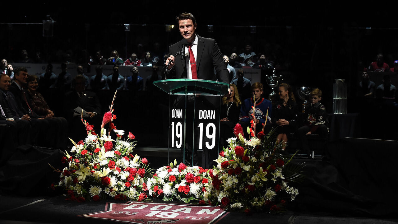 GLENDALE, AZ - FEBRUARY 24: Shane Doan speaks during a pregame ceremony to retire his jersey before the game between the Arizona Coyotes and the Winnipeg Jets at Gila River Arena on February 24, 2019 in Glendale, Arizona.