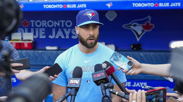 TORONTO, ON - MAY 30: Anthony Bass #52 of the Toronto Blue Jays makes a statement to the media before playing the Milwaukee Brewers in their MLB game at the Rogers Centre on May 30, 2023 in Toronto, Ontario, Canada.