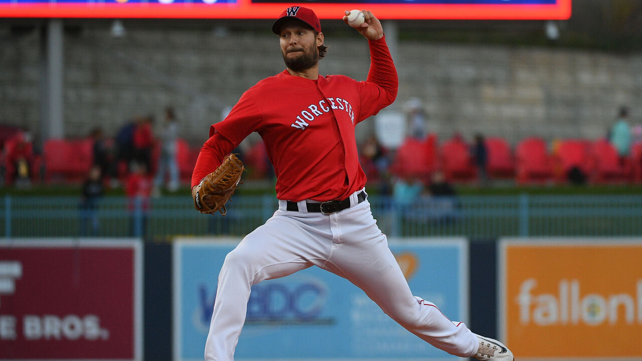WORCESTER, MA - APRIL 27: Worcester Red Sox LHP Matt Dermody (67) throws a pitch during a AAA MiLB game between the Scranton/Wilkes-Barre RailRiders and the Worcester Red Sox on April 27, 2023, at Polar Park in Worcester, MA.