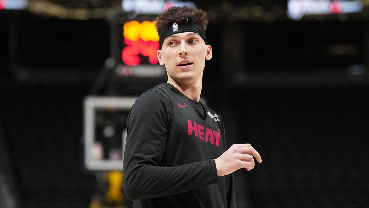 DENVER, CO - JUNE 3: Tyler Herro #14 of the Miami Heat looks on during 2023 NBA Finals Practice and Media Availability on June 3, 2023 at the Ball Arena in Denver, Colorado. NOTE TO USER: User expressly acknowledges and agrees that, by downloading and/or using this Photograph, user is consenting to the terms and conditions of the Getty Images License Agreement. Mandatory Copyright Notice: Copyright 2023 NBAE