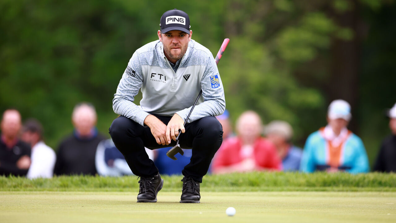 TORONTO, ONTARIO - JUNE 08: Corey Conners of Canada lines up a putt on the 5th hole during the first round of the RBC Canadian Open at Oakdale Golf & Country Club on June 08, 2023 in Toronto, Ontario.