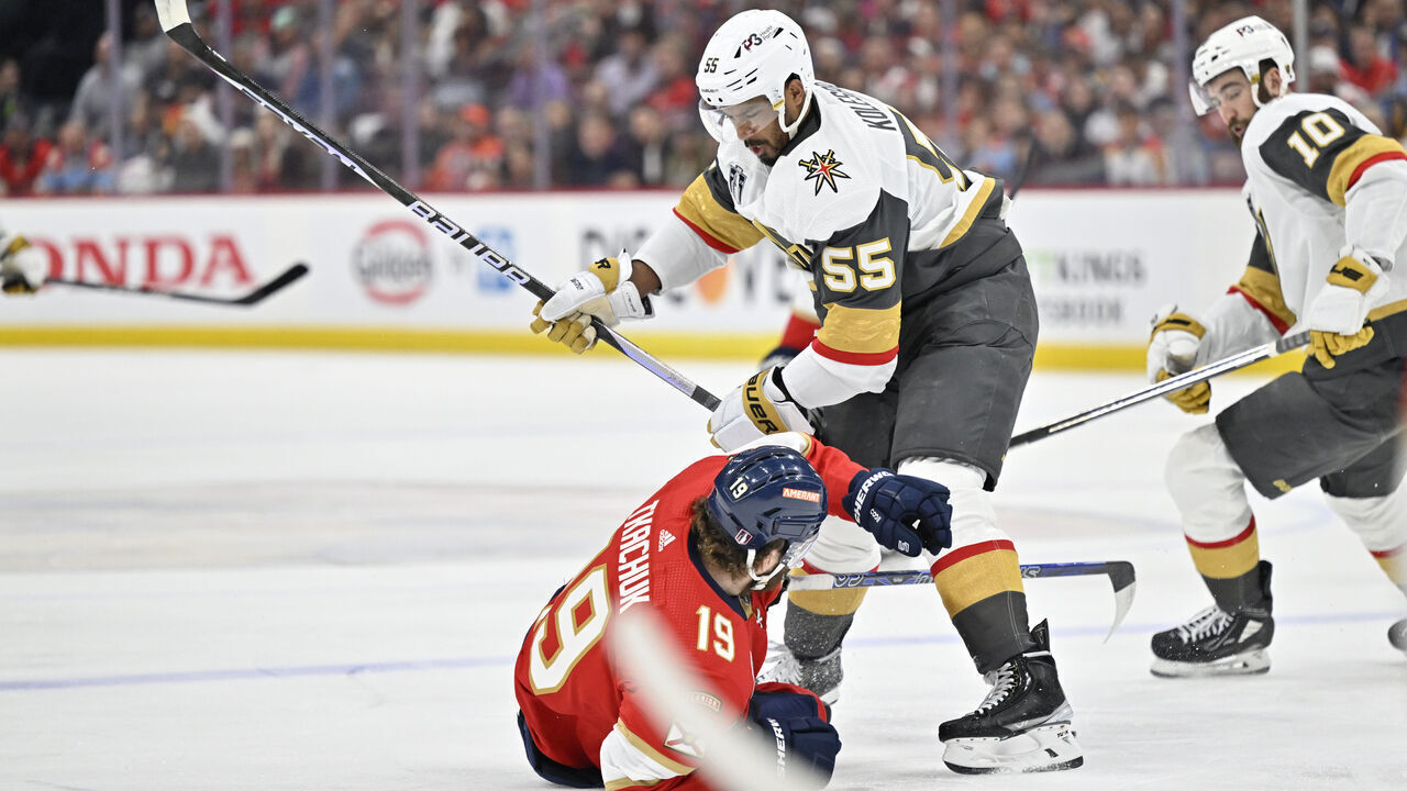 SUNRISE, FLORIDA - JUNE 08: Keegan Kolesar #55 of the Vegas Golden Knights hits Matthew Tkachuk #19 of the Florida Panthers during the first period in Game Three of the 2023 NHL Stanley Cup Final at FLA Live Arena on June 08, 2023 in Sunrise, Florida.