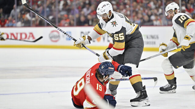 SUNRISE, FLORIDA - JUNE 08: Keegan Kolesar #55 of the Vegas Golden Knights hits Matthew Tkachuk #19 of the Florida Panthers during the first period in Game Three of the 2023 NHL Stanley Cup Final at FLA Live Arena on June 08, 2023 in Sunrise, Florida.