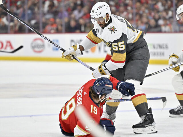 SUNRISE, FLORIDA - JUNE 08: Keegan Kolesar #55 of the Vegas Golden Knights hits Matthew Tkachuk #19 of the Florida Panthers during the first period in Game Three of the 2023 NHL Stanley Cup Final at FLA Live Arena on June 08, 2023 in Sunrise, Florida.