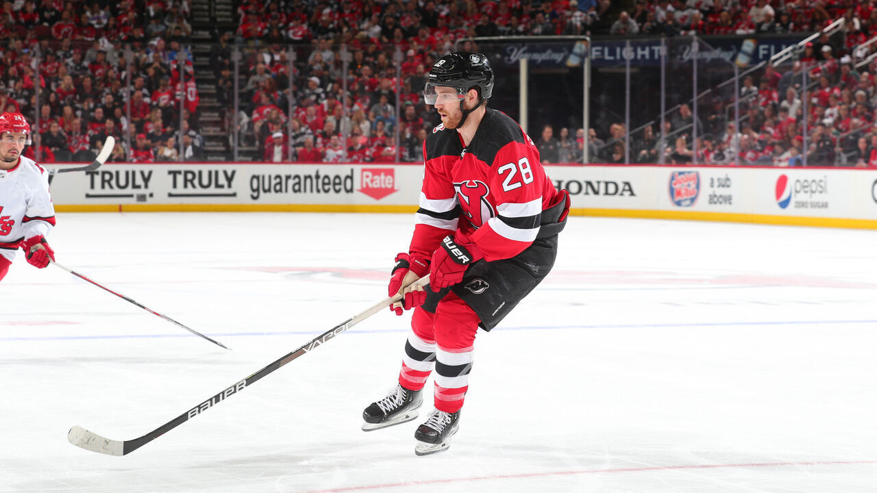 NEWARK, NJ - MAY 01: Damon Severson #28 of the New Jersey Devils skates in the second period of Game Three of the Second Round of the 2023 Stanley Cup Playoffs against the Carolina Hurricanes at the Prudential Center on May 7, 2023 in Newark, New Jersey.