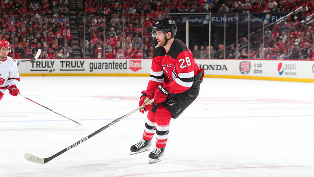 NEWARK, NJ - MAY 01: Damon Severson #28 of the New Jersey Devils skates in the second period of Game Three of the Second Round of the 2023 Stanley Cup Playoffs against the Carolina Hurricanes at the Prudential Center on May 7, 2023 in Newark, New Jersey.