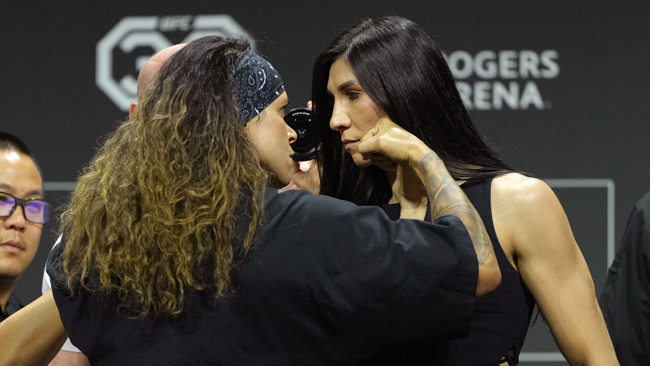 VANCOUVER, BRITISH COLUMBIA - JUNE 08: (L-R) Opponents Amanda Nunes of Brazil and Irene Aldana of Mexico face off during the UFC 289 press conference at Rogers Arena on June 08, 2023 in Vancouver, British Columbia.