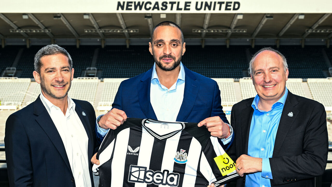 NEWCASTLE UPON TYNE, ENGLAND - JUNE 09: Newcastle United's Chief Commercial Officer Peter Silverstone, Sela Vice President of Marketing, Ibrahim Mohtaseb and Newcastle United's CEO Darren Eales pose for a photo during a Media Call at St James' Park on June 09, 2023 in Newcastle upon Tyne, England.