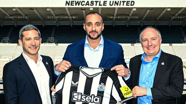NEWCASTLE UPON TYNE, ENGLAND - JUNE 09: Newcastle United's Chief Commercial Officer Peter Silverstone, Sela Vice President of Marketing, Ibrahim Mohtaseb and Newcastle United's CEO Darren Eales pose for a photo during a Media Call at St James' Park on June 09, 2023 in Newcastle upon Tyne, England.