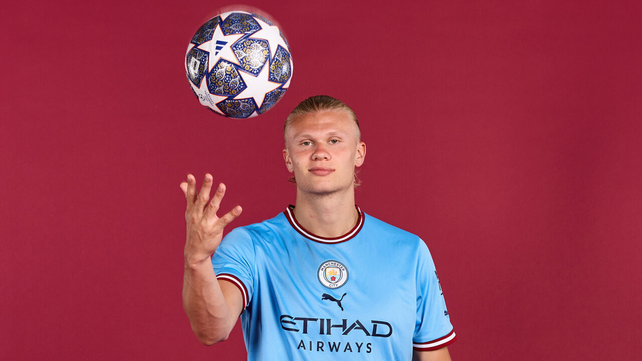 MANCHESTER, ENGLAND - JUNE 06: Erling Haaland poses for a portrait during a Manchester City FC UEFA Champions League finalists access day at Manchester City Football Academy on June 06, 2023 in Manchester, England.
