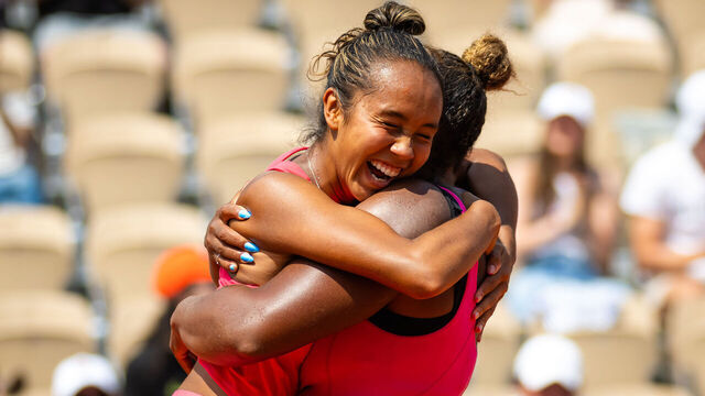PARIS, FRANCE - JUNE 09: Leylah Fernandez of Canada and Taylor Townsend of the United States react to defeating Jessica Pegula of the United States and Coco Gauff of the United States in the doubles semi-final on Day Thirteen of Roland Garros on June 09, 2023 in Paris, France