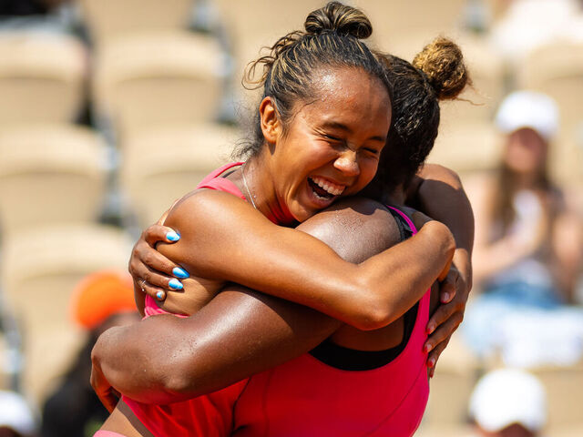 PARIS, FRANCE - JUNE 09: Leylah Fernandez of Canada and Taylor Townsend of the United States react to defeating Jessica Pegula of the United States and Coco Gauff of the United States in the doubles semi-final on Day Thirteen of Roland Garros on June 09, 2023 in Paris, France