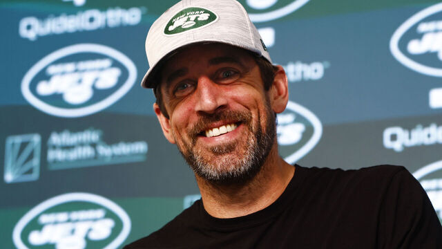 FLORHAM PARK, NEW JERSEY - JUNE 9: Quarterback Aaron Rodgers #8 of the New York Jets talks to reporters after the team's OTA's at Atlantic Health Jets Training Center on June 9, 2023 in Florham Park, New Jersey.
