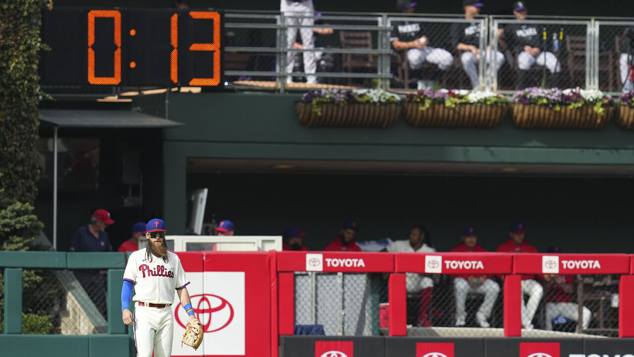 PHILADELPHIA, PA - APRIL 22: A detailed view of the pitch clock during the game between the Colorado Rockies and Philadelphia Phillies at Citizens Bank Park on April 22, 2023 in Philadelphia, Pennsylvania.