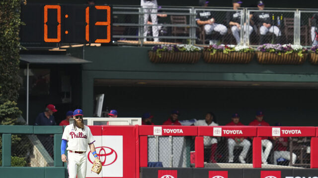PHILADELPHIA, PA - APRIL 22: A detailed view of the pitch clock during the game between the Colorado Rockies and Philadelphia Phillies at Citizens Bank Park on April 22, 2023 in Philadelphia, Pennsylvania.