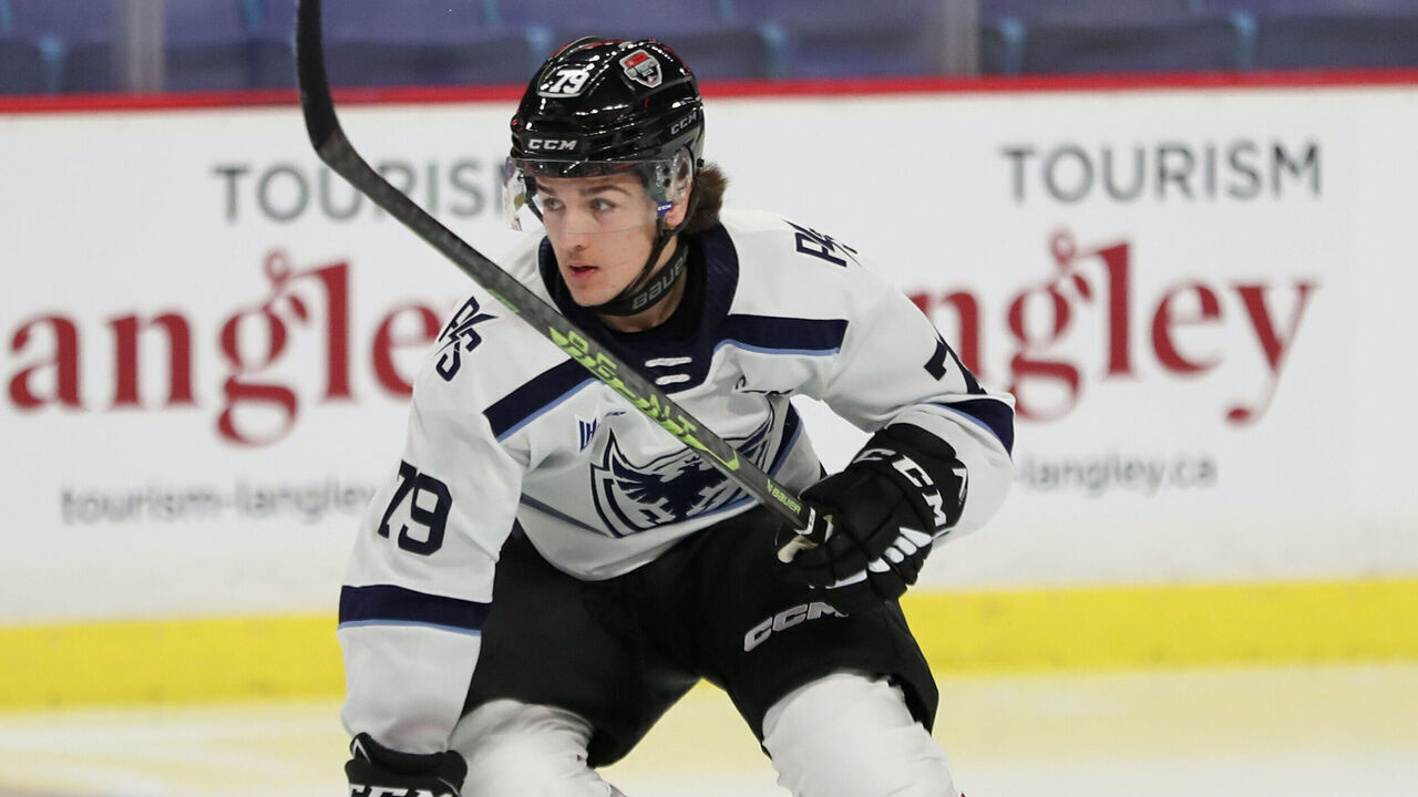LANGLEY, BRITISH COLUMBIA - JANUARY 24: Forward Ethan Gauthier #79 of the Sherbrooke Phoenix skates for Team White during the 2023 Kubota CHL Top Prospects Game Practice at the Langley Events Centre on January 24, 2023 in Langley, British Columbia.