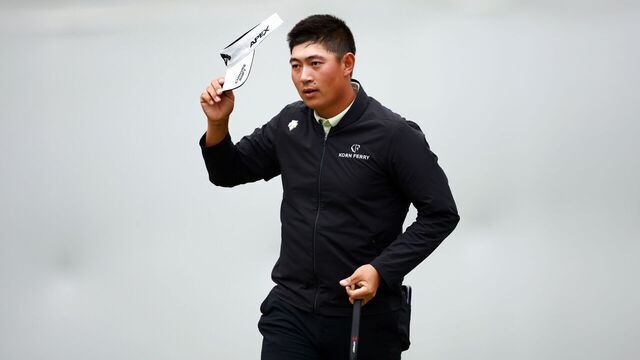 TORONTO, ONTARIO - JUNE 09: Carl Yuan of China reacts after finishing his round on the 18th hole during the second round of the RBC Canadian Open at Oakdale Golf & Country Club on June 09, 2023 in Toronto, Ontario.