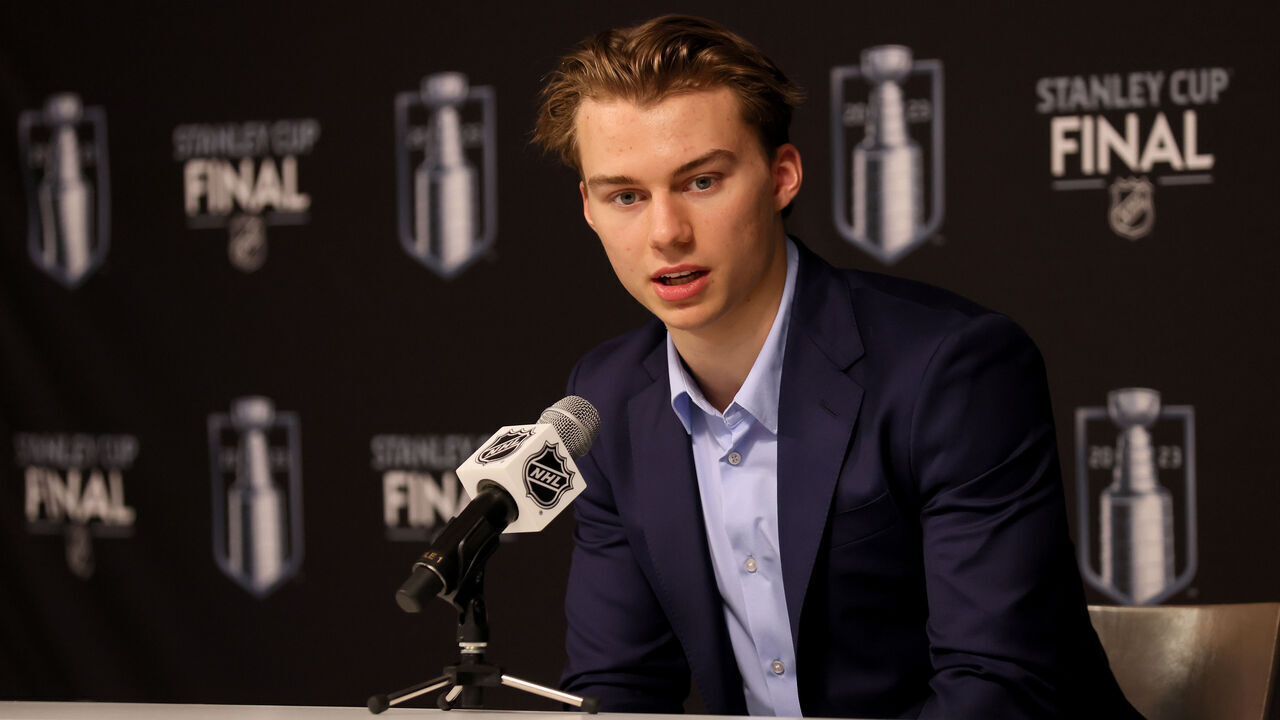 LAS VEGAS, NEVADA - JUNE 05: Top prospect Connor Bedard speaks to the media prior to Game Two of the 2023 NHL Stanley Cup Final between the Florida Panthers and the Vegas Golden Knights at T-Mobile Arena on June 05, 2023 in Las Vegas, Nevada.