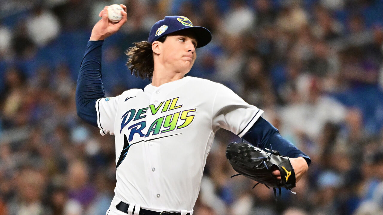 ST PETERSBURG, FLORIDA - JUNE 09: Tyler Glasnow #20 of the Tampa Bay Rays delivers a pitch to the Texas Rangers in the first inning at Tropicana Field on June 09, 2023 in St Petersburg, Florida.