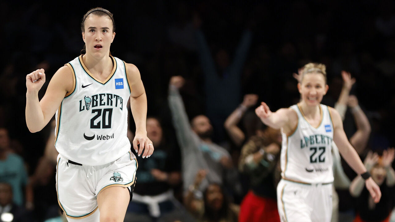 NEW YORK, NEW YORK - JUNE 04: Sabrina Ionescu #20 of the New York Liberty reacts during the second half against the Chicago Sky at Barclays Center on June 04, 2023 in the Brooklyn borough of New York City. The Sky won 86-82.
