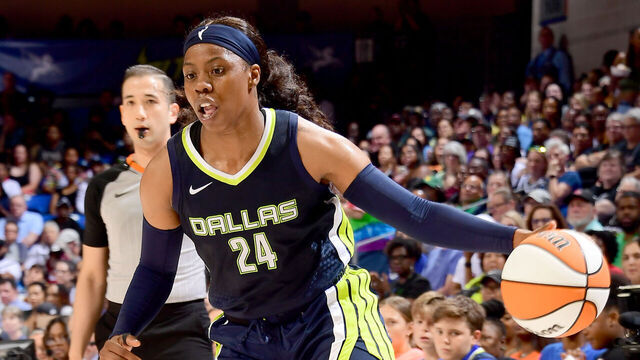 ARLINGTON, TX - June 9: Arike Ogunbowale #24 of the Dallas Wings dribbles the ball during the game against the Phoenix Mercury on June 9, 2023 at the College Park Center in Arlington, Texas. Mandatory Copyright Notice: Copyright 2023 NBAE (Photos by Michael Gonzales/NBAE via Getty Images)