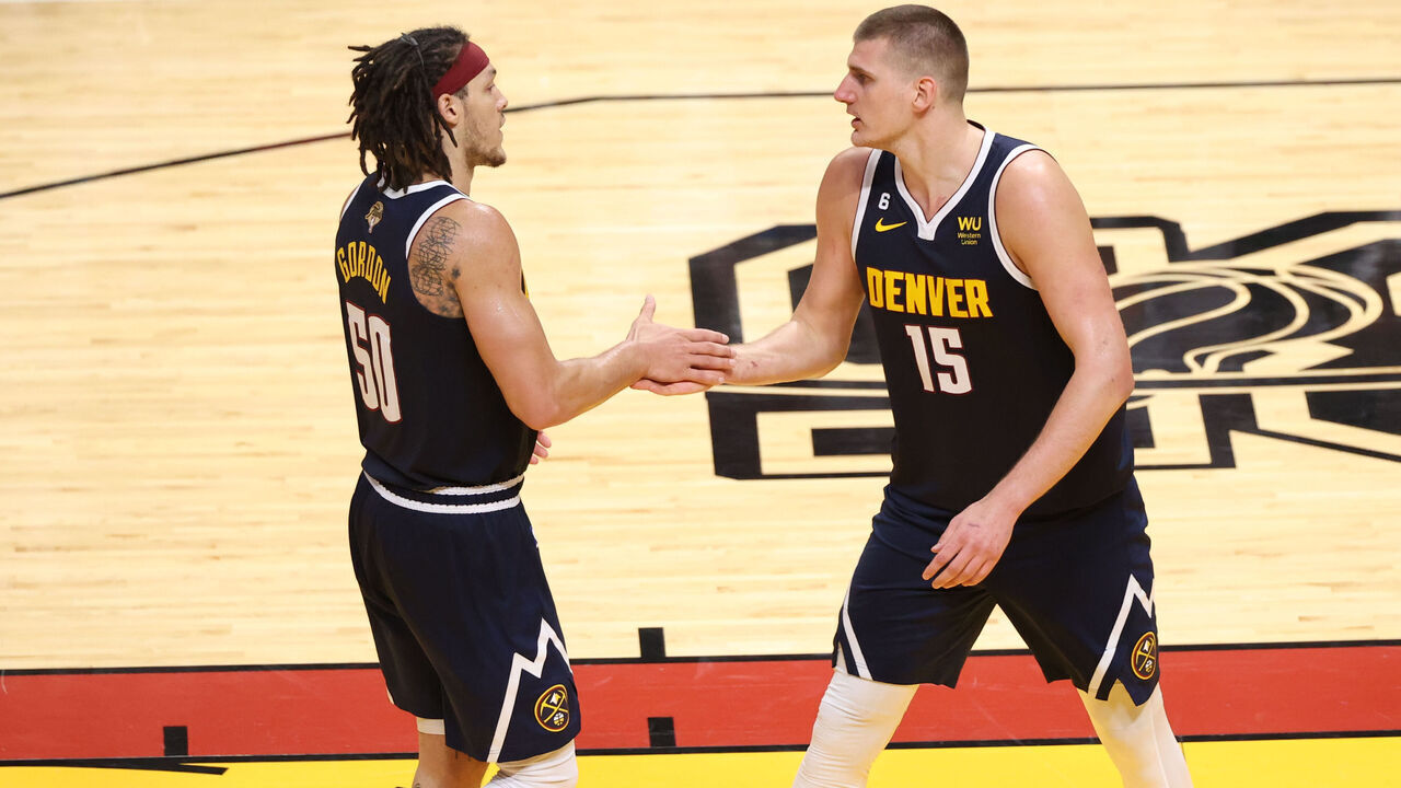 MIAMI, FL - JUNE 9: Aaron Gordon #50 and Nikola Jokic #15 of the Denver Nuggets high five during the game against the Miami Heat during Game Four of the 2023 NBA Finals on June 9, 2023 at Kaseya Center in Miami, Florida. Mandatory Copyright Notice: Copyright 2023 NBAE