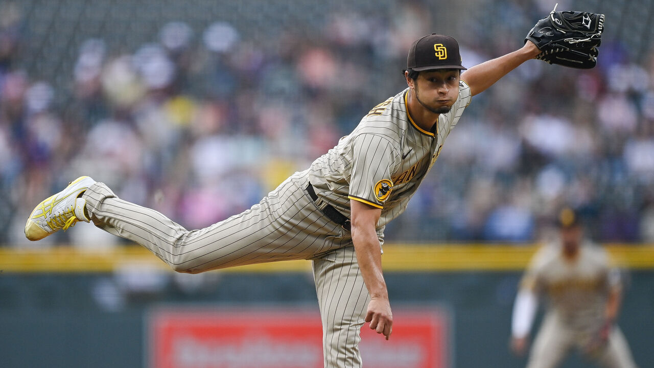 DENVER, CO - JUNE 9: San Diego Padres starting pitcher Yu Darvish (11) pitches in the first inning during a game between the San Diego Padres and the Colorado Rockies at Coors Field on June 9, 2023 in Denver, Colorado.