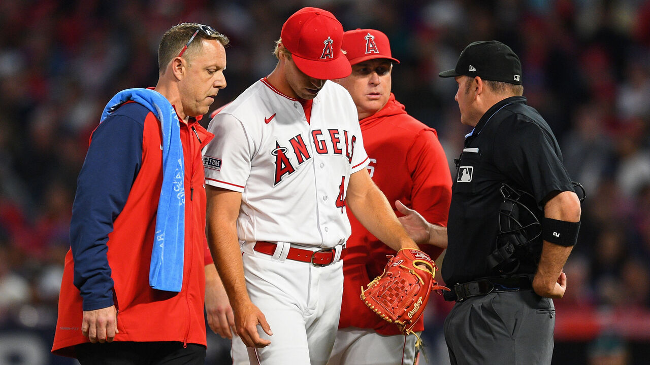 ANAHEIM, CA - JUNE 09: Los Angeles Angels pitcher Ben Joyce (44) comes out of the game with an injury during the MLB game between the Seattle Mariners and the Los Angeles Angels of Anaheim on June 9, 2023 at Angel Stadium of Anaheim in Anaheim, CA.