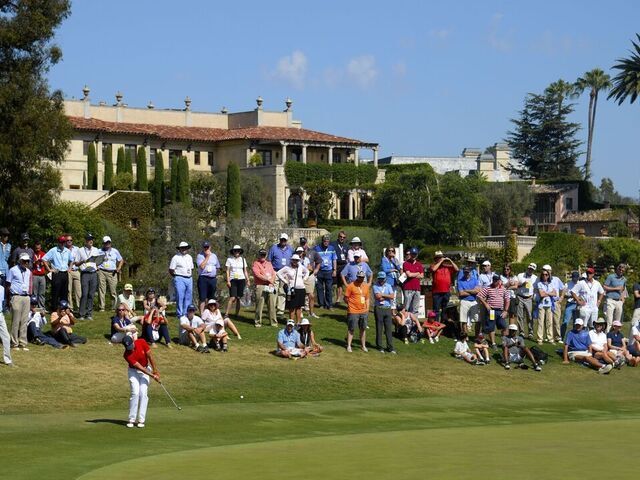 LOS ANGELES, CA - SEPTEMBER 09: Cameron Champ of Team USA makes a chip shot on the seventh hole during his afternoon singles match against Robert MacIntyre of the Great Britain and Ireland Team, MacIntyre went on to win his match 6 and 4 at the 2017 Walker Cup on September 9, 2017 at the Los Angeles Country Club in Los Angeles, California.