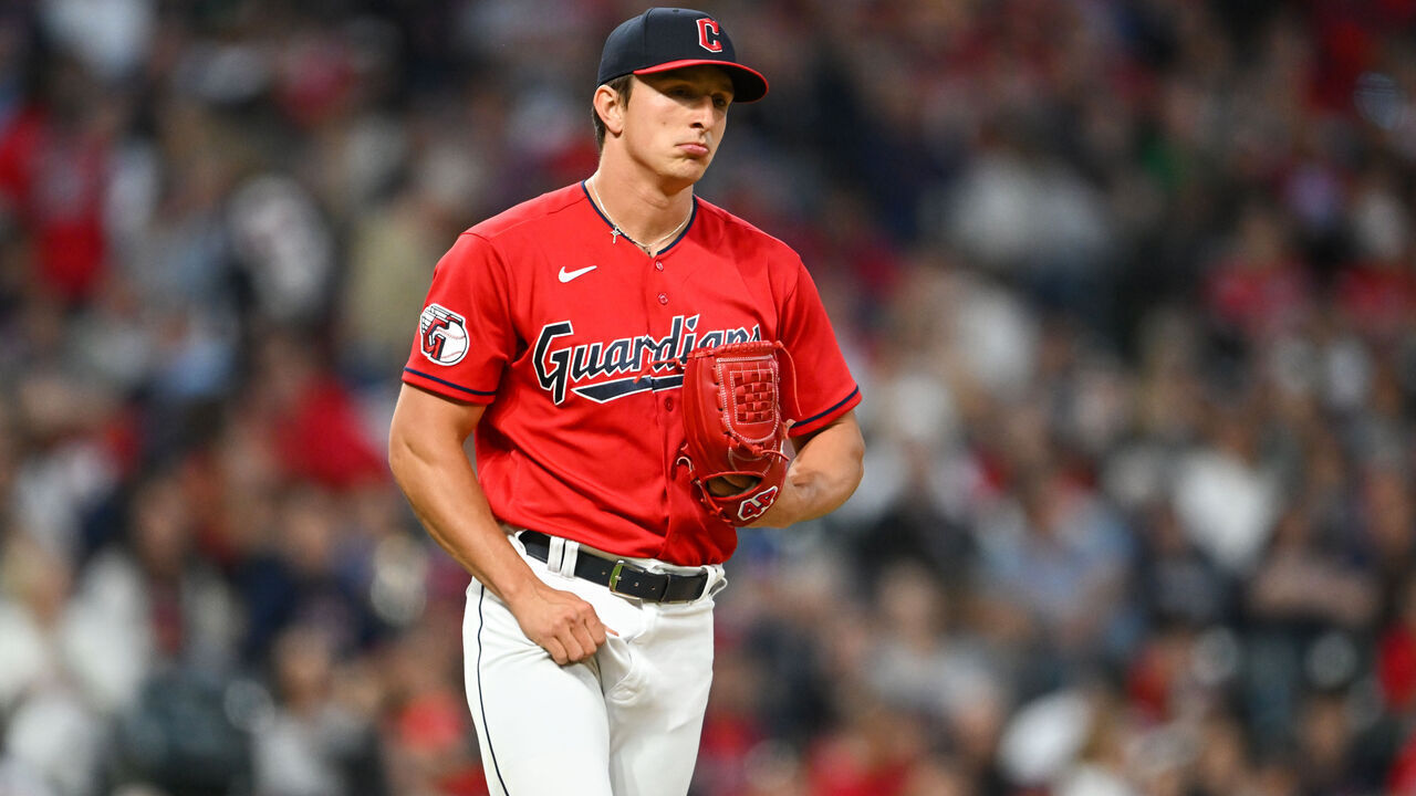 CLEVELAND, OHIO - MAY 27: James Karinchak #99 of the Cleveland Guardians looks on during the seventh inning against the St. Louis Cardinals at Progressive Field on May 27, 2023 in Cleveland, Ohio.
