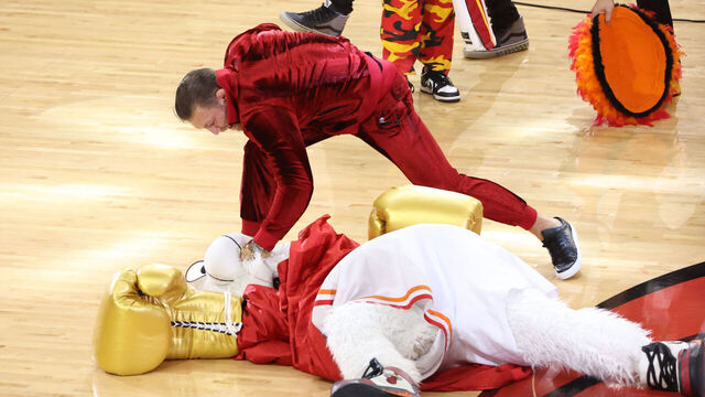 MIAMI, FL - JUNE 9: Connor McGregor and Mascot Burnie of the Miami Heat perform during halftime against the Denver Nuggets during Game Four of the 2023 NBA Finals on June 9, 2023 at Kaseya Center in Miami, Florida. Mandatory Copyright Notice: Copyright 2023 NBAE