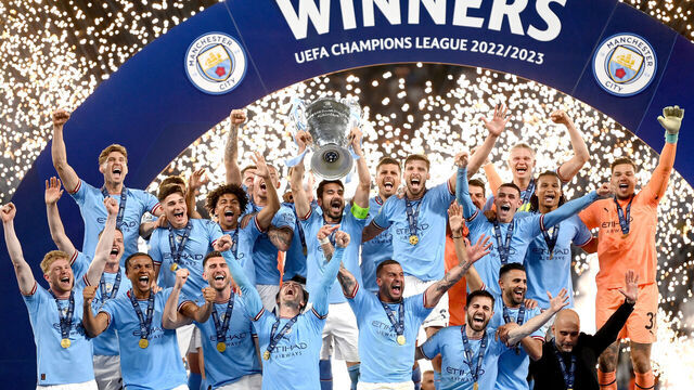 ISTANBUL, TURKEY - JUNE 10: Ilkay Guendogan of Manchester City lifts the UEFA Champions League trophy after the team's victory in the UEFA Champions League 2022/23 final match between FC Internazionale and Manchester City FC at Atatuerk Olympic Stadium on June 10, 2023 in Istanbul, Turkey.