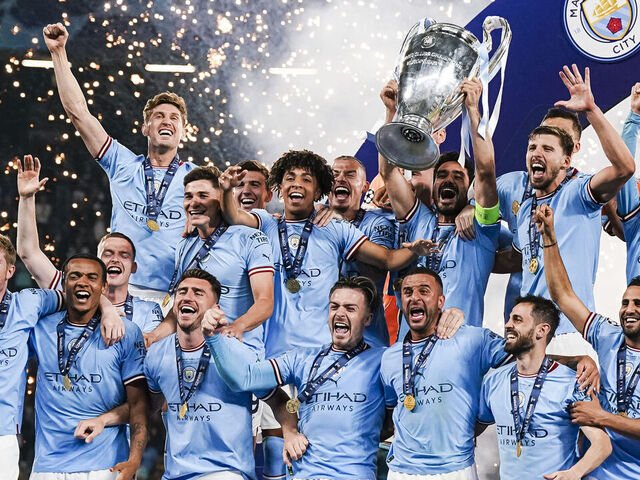 ISTANBUL, TURKEY - JUNE 10: Ilkay Gundogan of Manchester City (C) rises the 2023 Champions league trophy after winning Inter Milano during the UEFA Champions League 2022/23 final match between FC Internazionale and Manchester City FC at Atatuerk Olympic Stadium on June 10, 2023 in Istanbul, Turkey.