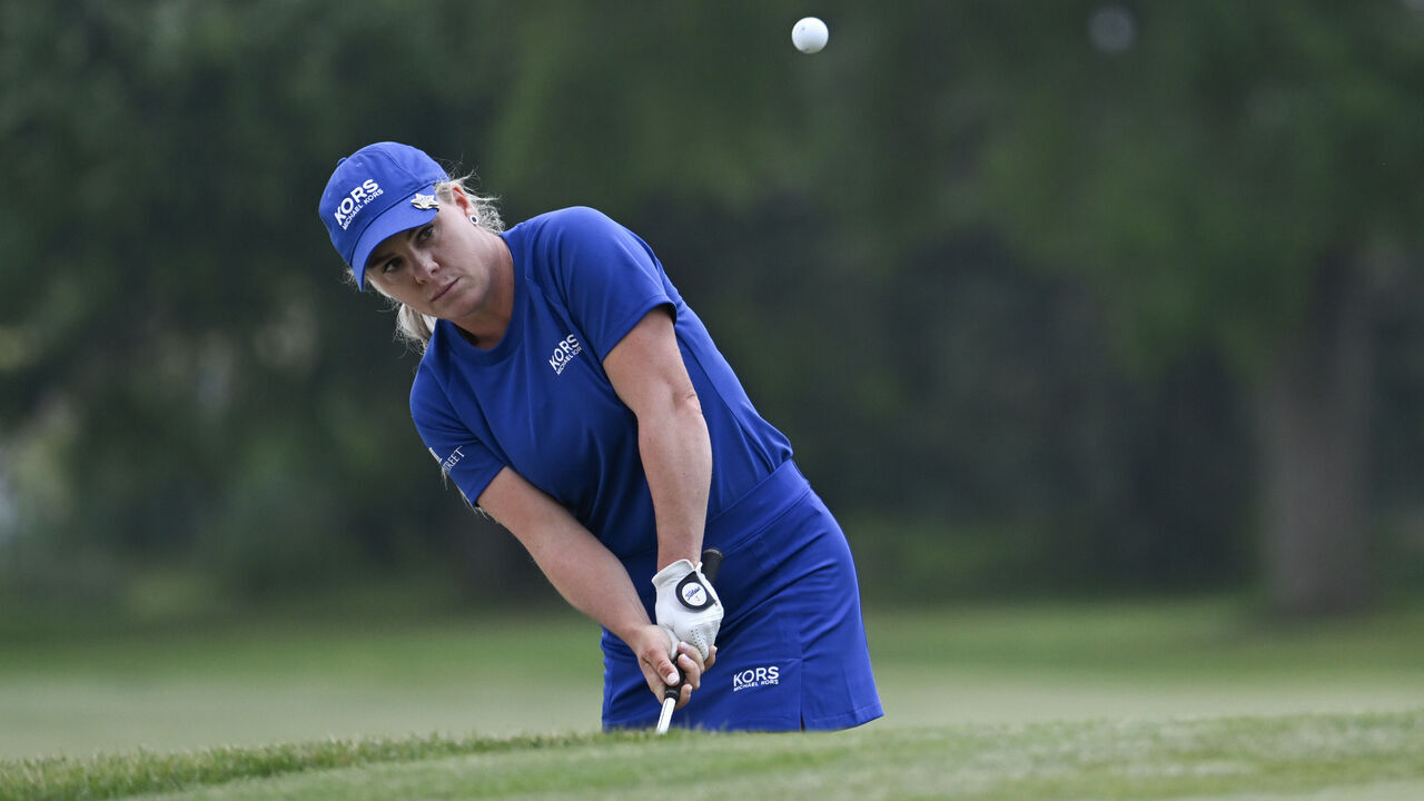 GALLOWAY, NEW JERSEY - JUNE 10: Daniela Holmqvist of Sweden chips onto the 13th green during the second round of the ShopRite LPGA Classic presented by Acer at Seaview Bay Course on June 10, 2023 in Galloway, New Jersey.