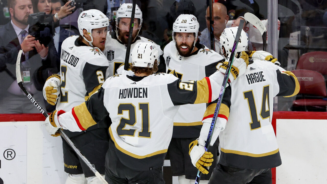 SUNRISE, FLORIDA - JUNE 10: Chandler Stephenson #20 of the Vegas Golden Knights is congratulated by his teammates after scoring a goal against the Florida Panthers during the second period in Game Four of the 2023 NHL Stanley Cup Final at FLA Live Arena on June 10, 2023 in Sunrise, Florida.
