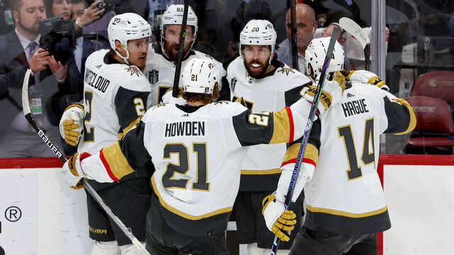 SUNRISE, FLORIDA - JUNE 10: Chandler Stephenson #20 of the Vegas Golden Knights is congratulated by his teammates after scoring a goal against the Florida Panthers during the second period in Game Four of the 2023 NHL Stanley Cup Final at FLA Live Arena on June 10, 2023 in Sunrise, Florida.