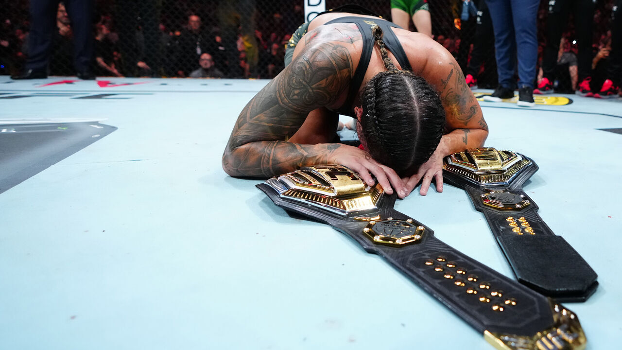 VANCOUVER, BRITISH COLUMBIA - JUNE 10: Amanda Nunes of Brazil announces her retirement after her victory over Irene Aldana of Mexico in their women's bantamweight title fight during the UFC 289 event at Rogers Arena on June 10, 2023 in Vancouver, Canada.