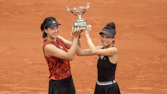 PARIS, FRANCE - JUNE 11. Xinyu Wang of China and Su-Wei Hsieh of Taiwan with the winner's trophy after their victory against Taylor Townsend of the United States and Leylah Fernandez of Canada in the Women's Doubles Final on Court Philippe Chatrier during the 2023 French Open Tennis Tournament at Roland Garros on June 11, 2023, in Paris, France.