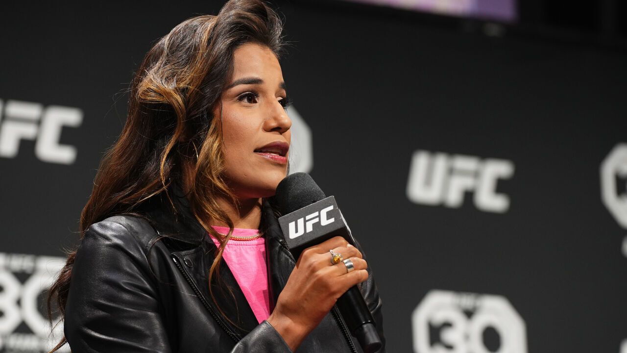 VANCOUVER, BRITISH COLUMBIA - JUNE 09: Julianna Pena participates in a Q&A session prior to the UFC 289 ceremonial weigh-in at Rogers Arena on June 09, 2023 in Vancouver, British Columbia.