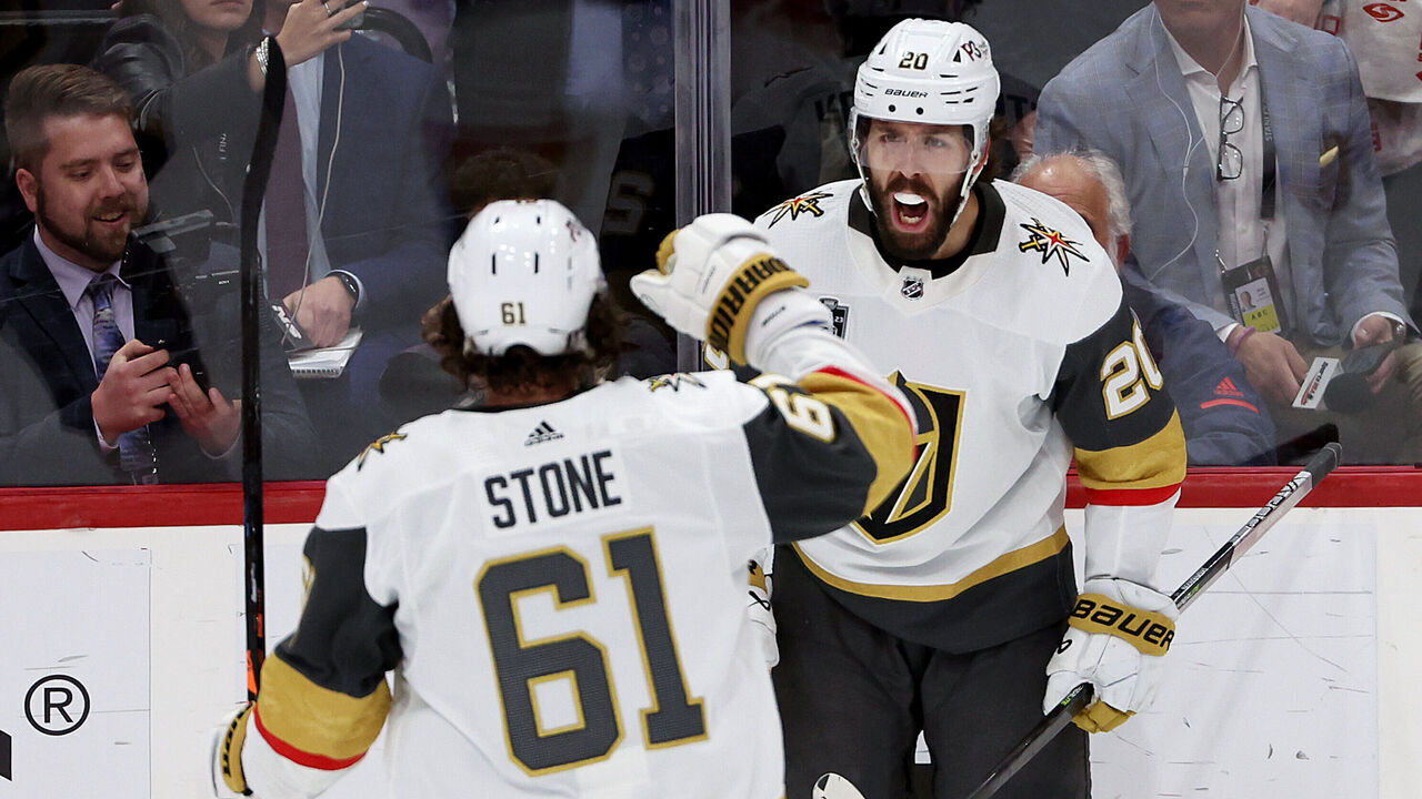 SUNRISE, FLORIDA - JUNE 10: Chandler Stephenson #20 of the Vegas Golden Knights is congratulated by Mark Stone #61 after scoring a goal against the Florida Panthers during the second period in Game Four of the 2023 NHL Stanley Cup Final at FLA Live Arena on June 10, 2023 in Sunrise, Florida.