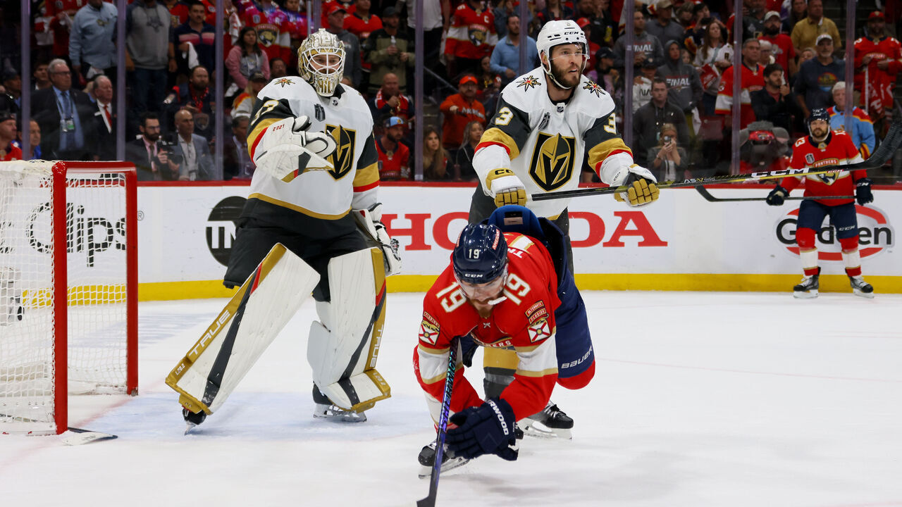 SUNRISE, FLORIDA - JUNE 10: Matthew Tkachuk #19 of the Florida Panthers is hit by Brayden McNabb #3 of the Vegas Golden Knights during the third period in Game Four of the 2023 NHL Stanley Cup Final at FLA Live Arena on June 10, 2023 in Sunrise, Florida.