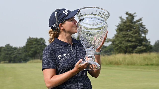 GALLOWAY, NEW JERSEY - JUNE 11: Ashleigh Buhai of South Africa poses for a photo with the trophy after winning the ShopRite LPGA Classic presented by Acer at Seaview Bay Course on June 11, 2023 in Galloway, New Jersey.