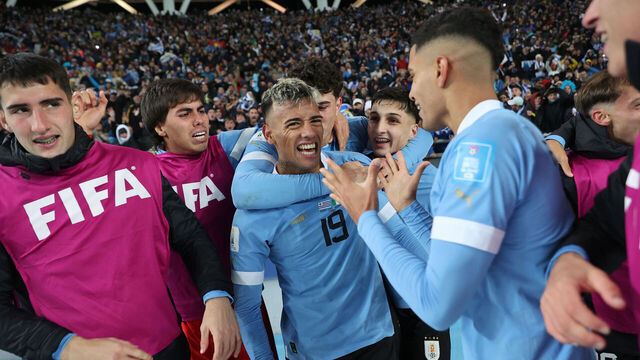 LA PLATA, ARGENTINA - JUNE 11: Luciano Rodriguez of Uruguay celebrates with his teammates after scoring the team's first goal during the FIFA U-20 World Cup Argentina 2023 Final match between Italy and Uruguay at Estadio La Plata on June 11, 2023 in La Plata, Argentina.
