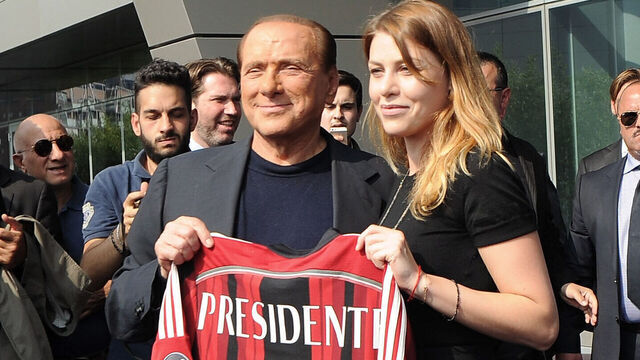 MILAN, ITALY - JUNE 06: President of AC Milan Silvio Berlusconi and Barbara Berlusconi pose for a photo before the visit at AC Milan's Casa Milan on June 6, 2014 in Milan, Italy.
