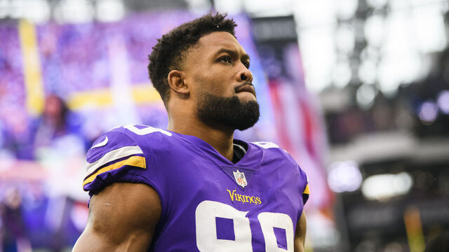 MINNEAPOLIS, MN - DECEMBER 17: Danielle Hunter #99 of the Minnesota Vikings walks the sideline before the game against the Indianapolis Colts at U.S. Bank Stadium on December 17, 2022 in Minneapolis, Minnesota.