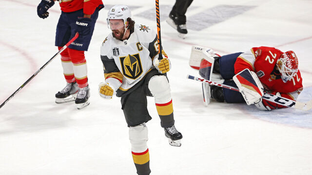 SUNRISE, FLORIDA - JUNE 08: Mark Stone #61 of the Vegas Golden Knights celebrates after scoring a goal past Sergei Bobrovsky #72 of the Florida Panthers during the first period in Game Three of the 2023 NHL Stanley Cup Final at FLA Live Arena on June 08, 2023 in Sunrise, Florida.