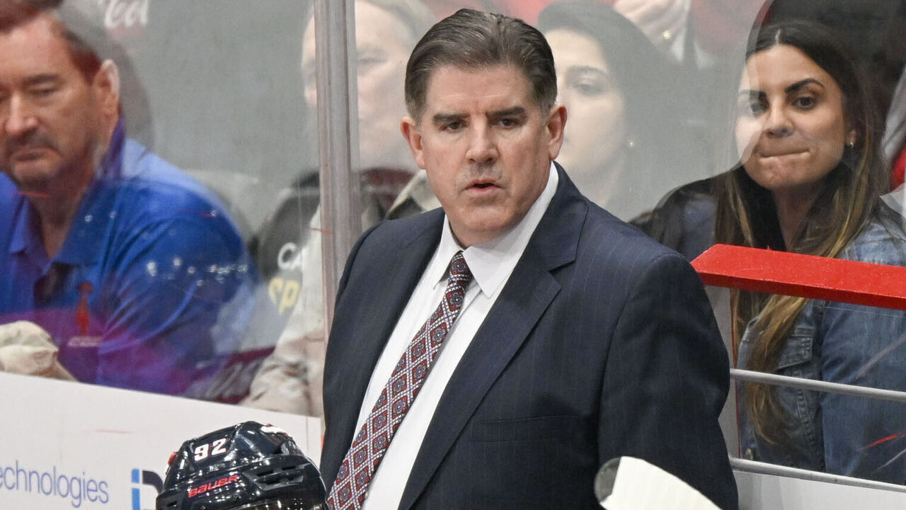 WASHINGTON, DC - APRIL 13: Washington Capitals head coach Peter Laviolette looks on against the New Jersey Devils during the final game of the season at Capital One Arena on April 13, 2023.