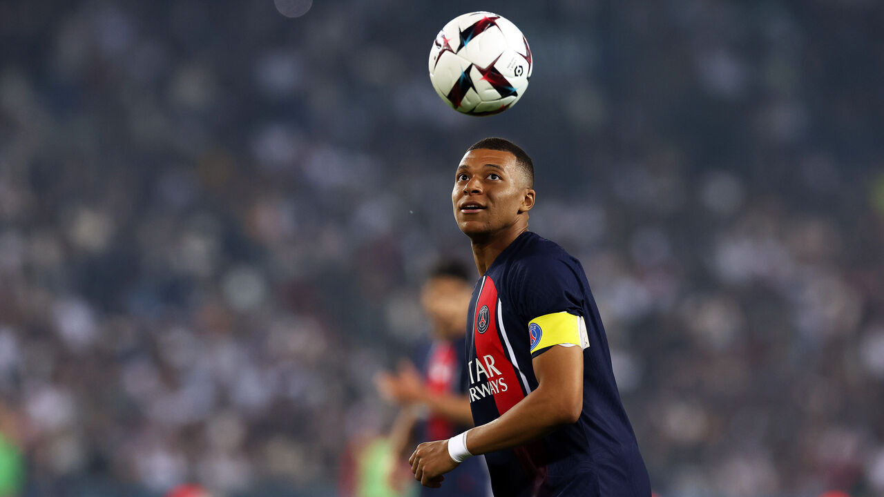 PARIS, FRANCE - JUNE 03: Kylian Mbappe of Paris Saint-Germain controls the ball during the Ligue 1 match between Paris Saint-Germain and Clermont Foot at Parc des Princes on June 03, 2023 in Paris, France.