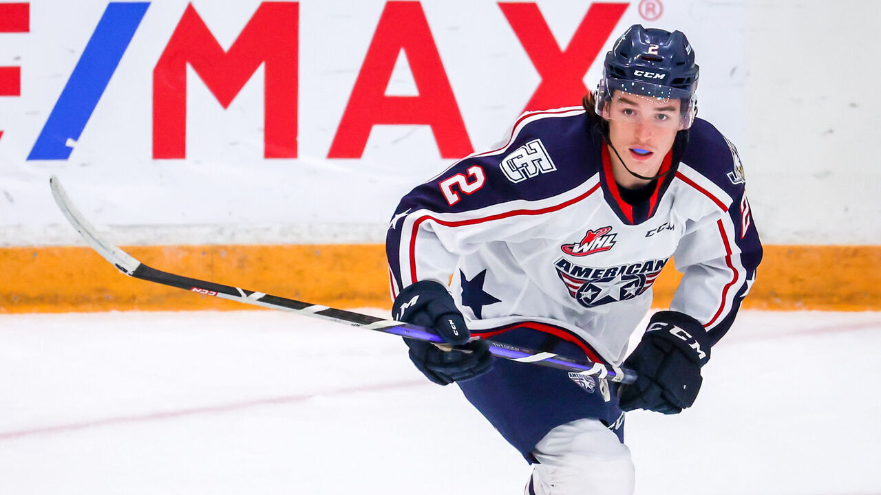 WINNIPEG, CANADA - NOVEMBER 05: Lukas Dragicevic #2 of the Tri-City Americans skates during second period action against the Winnipeg ICE at Wayne Fleming Arena on November 05, 2022 in Winnipeg, Manitoba, Canada.