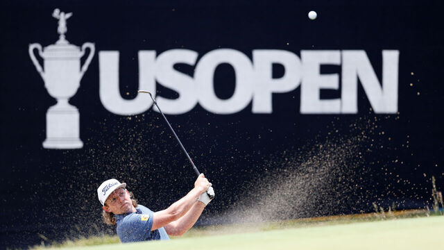 LOS ANGELES, CALIFORNIA - JUNE 12: Cameron Smith of Australia play a shot from a bunker during a practice round prior to the 123rd U.S. Open Championship at The Los Angeles Country Club on June 12, 2023 in Los Angeles, California.